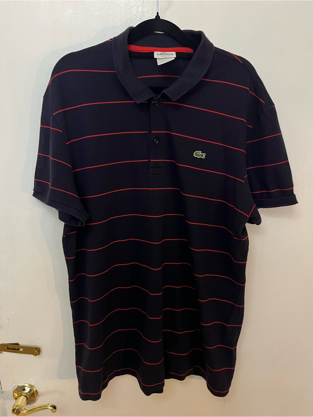 Lacoste Navy Polo with Red Horizontal Stripes